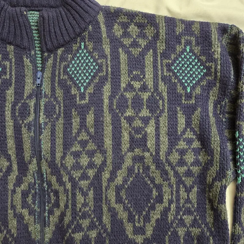 Vintage Grandpa Cardigan Sweater Zip Cosby Wool Blend Itailian Geometric XL